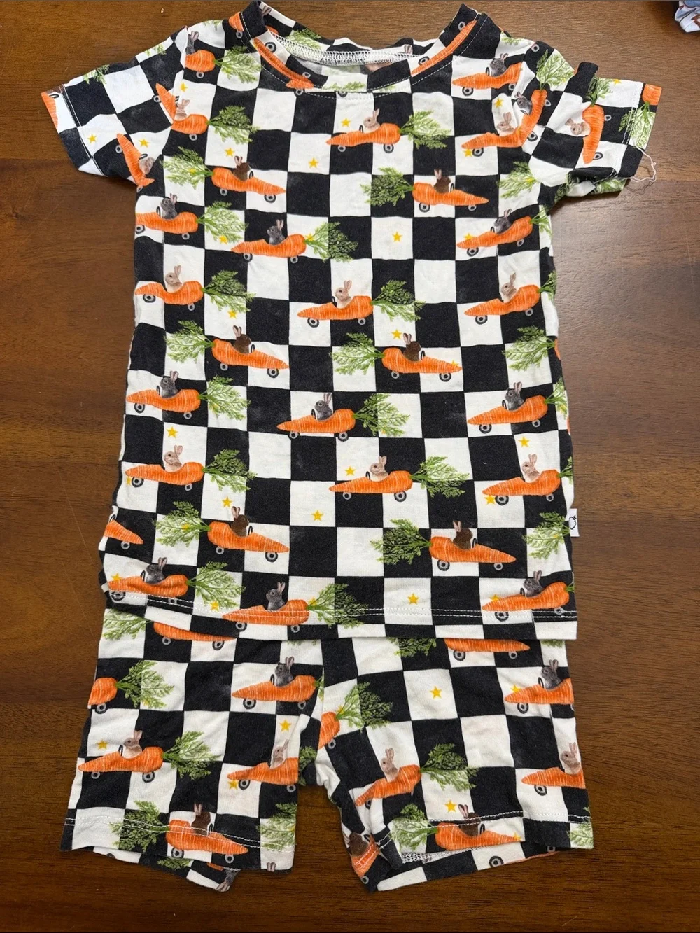 Kids Short Pajama Set - Black & White Check with Orange Carrot Print